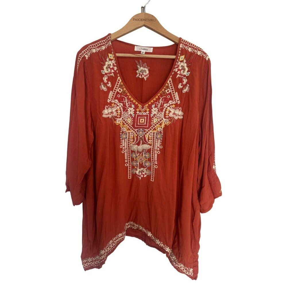 Solitaire Women's Plus 3X Orange Embroidered Blouse Top Boho